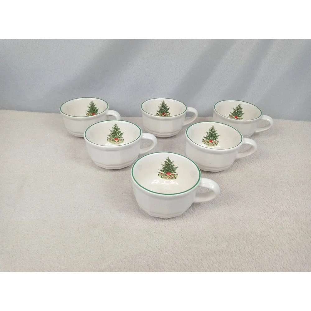 Set of 6 Pfaltzgraff Christmas Heritage Cups Mugs Holiday Christmas Tree Green T - Picture 2 of 13